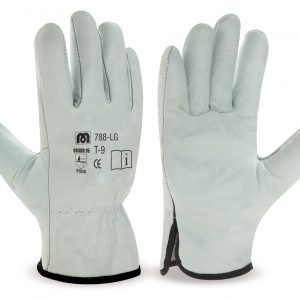 Natural-coloured split leather driver type glove with edging trim