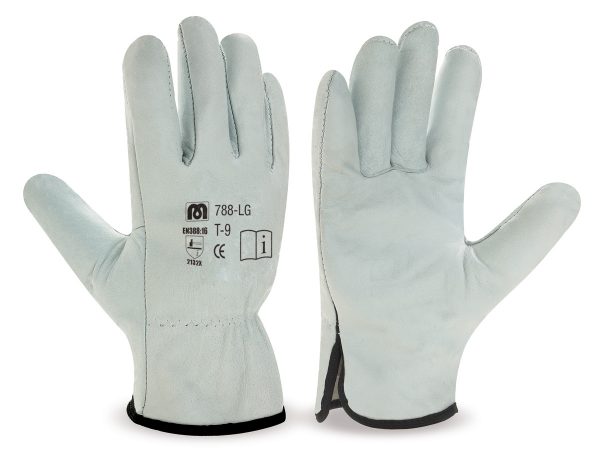 Natural-coloured split leather driver type glove with edging trim